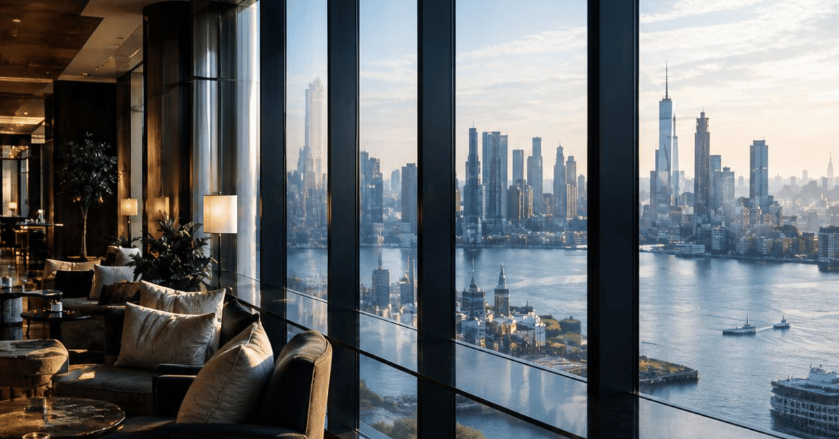 Luxury hotel lounge with floor-to-ceiling windows overlooking the Manhattan skyline