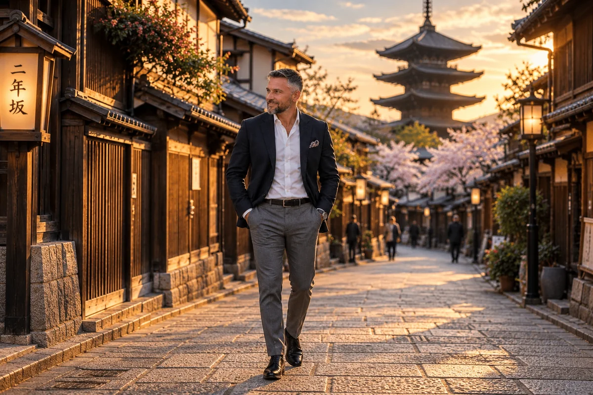 Marko Aleksic walking through a traditional Japanese street with a historic pagoda in the background
