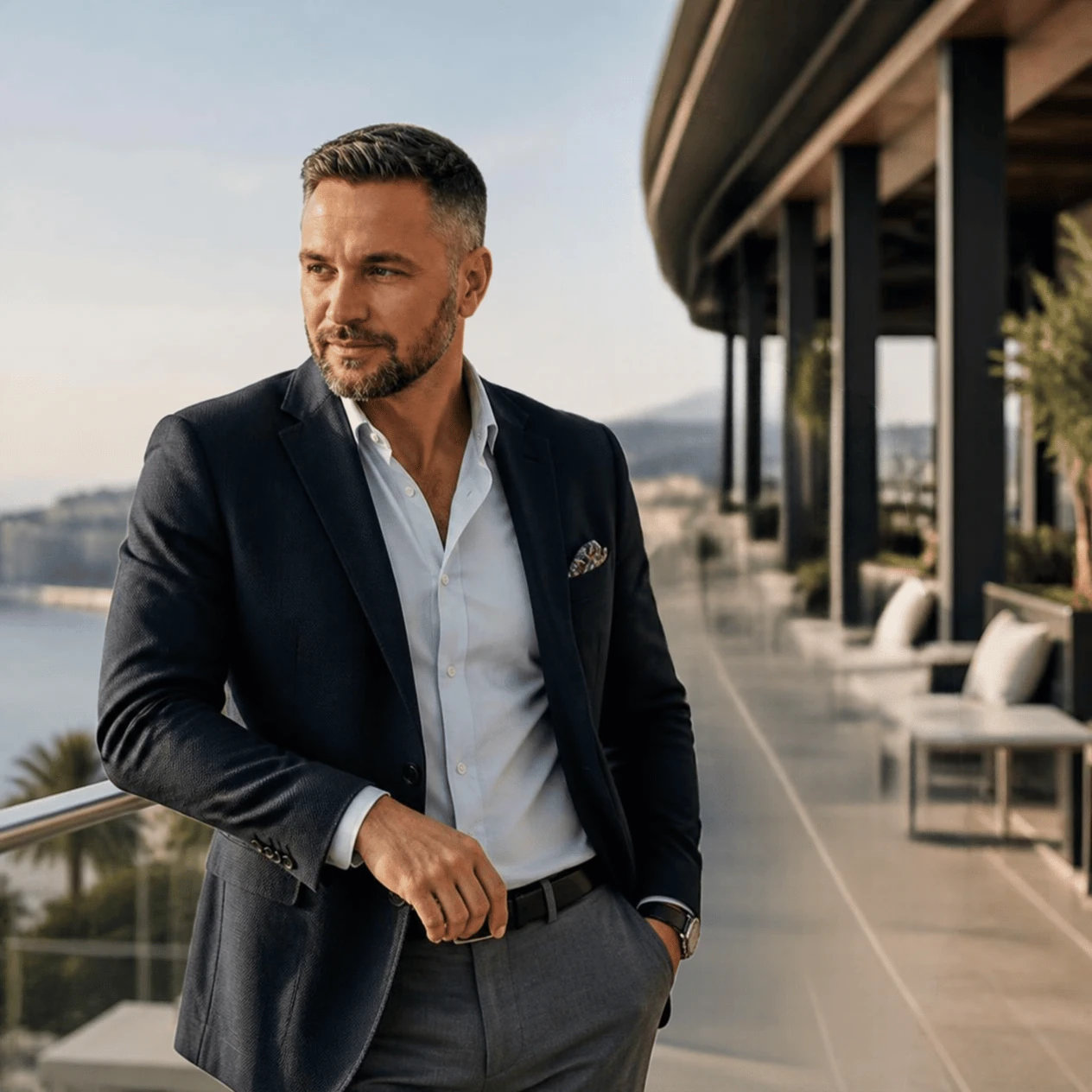 Marko Aleksic – Hospitality and Leadership Marko Aleksic in a navy suit on a luxury hotel terrace