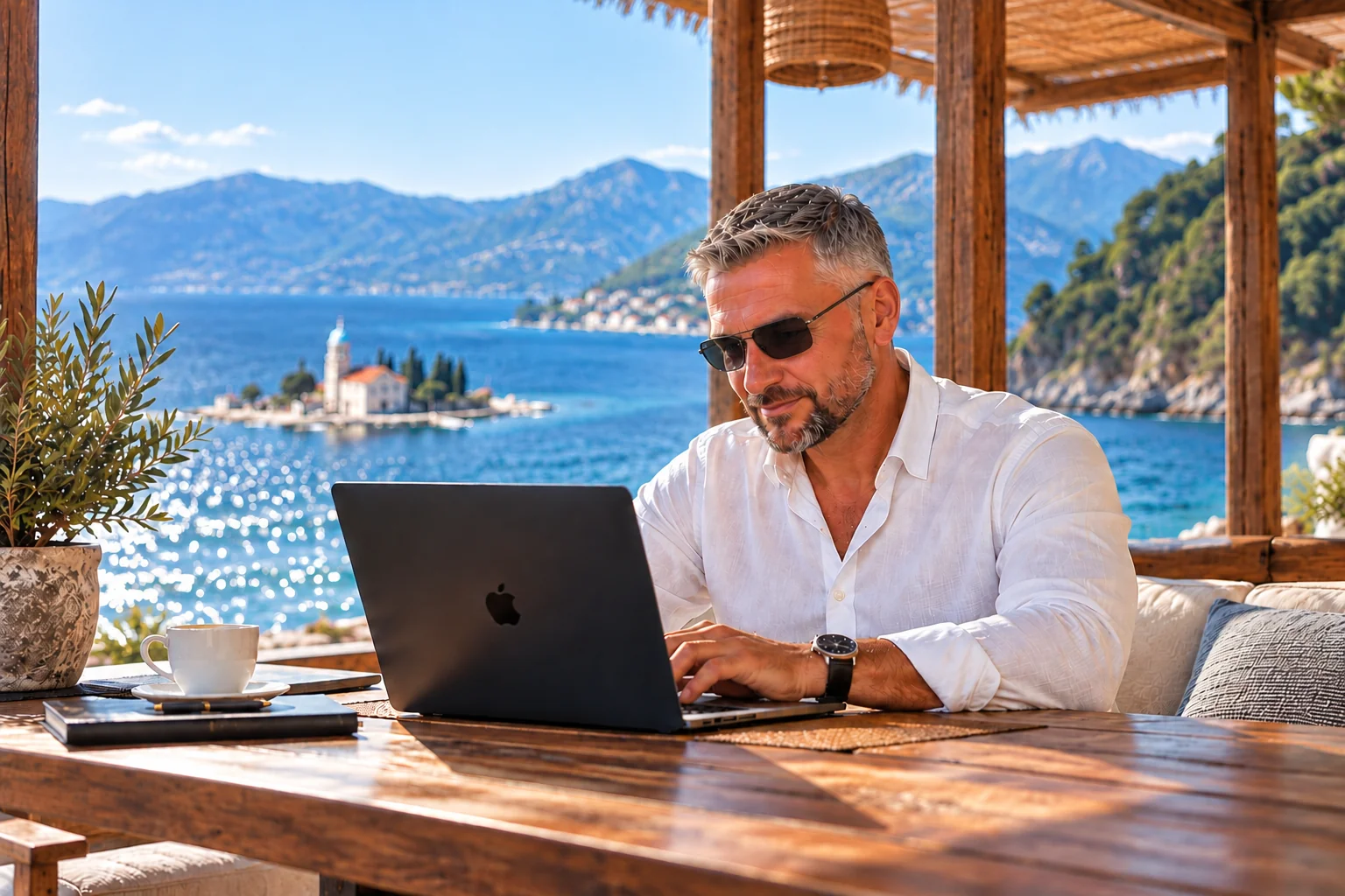 Marko Aleksic working on digital content and hospitality & travel articles by the sea
