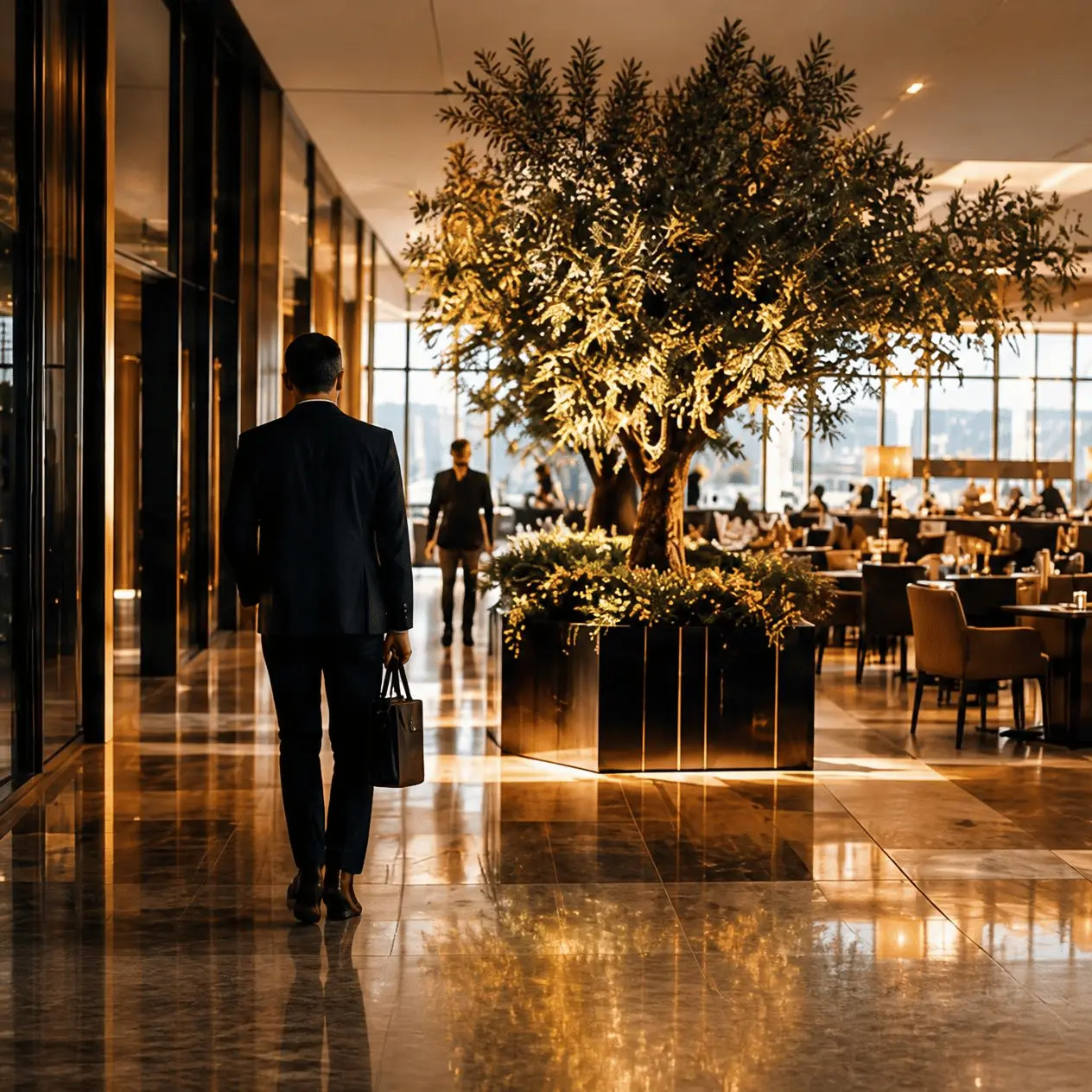 International Hospitality Career and Experience Hospitality professional walking through an elegant luxury hotel lobby