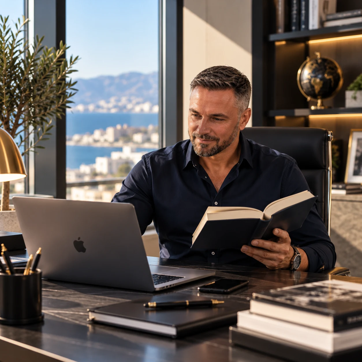 Books and Ideas – Writing and Professional Experience Hospitality author reading a book beside a laptop in a modern office